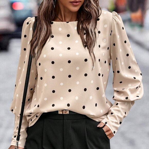 Apricot Elegant Women's Polka Dot Print Puff Sleeve Blouse